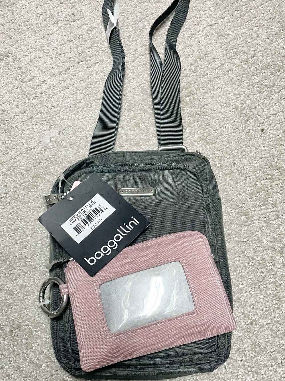 Baggallini Gray Crossbody with Pink ID Pouch
